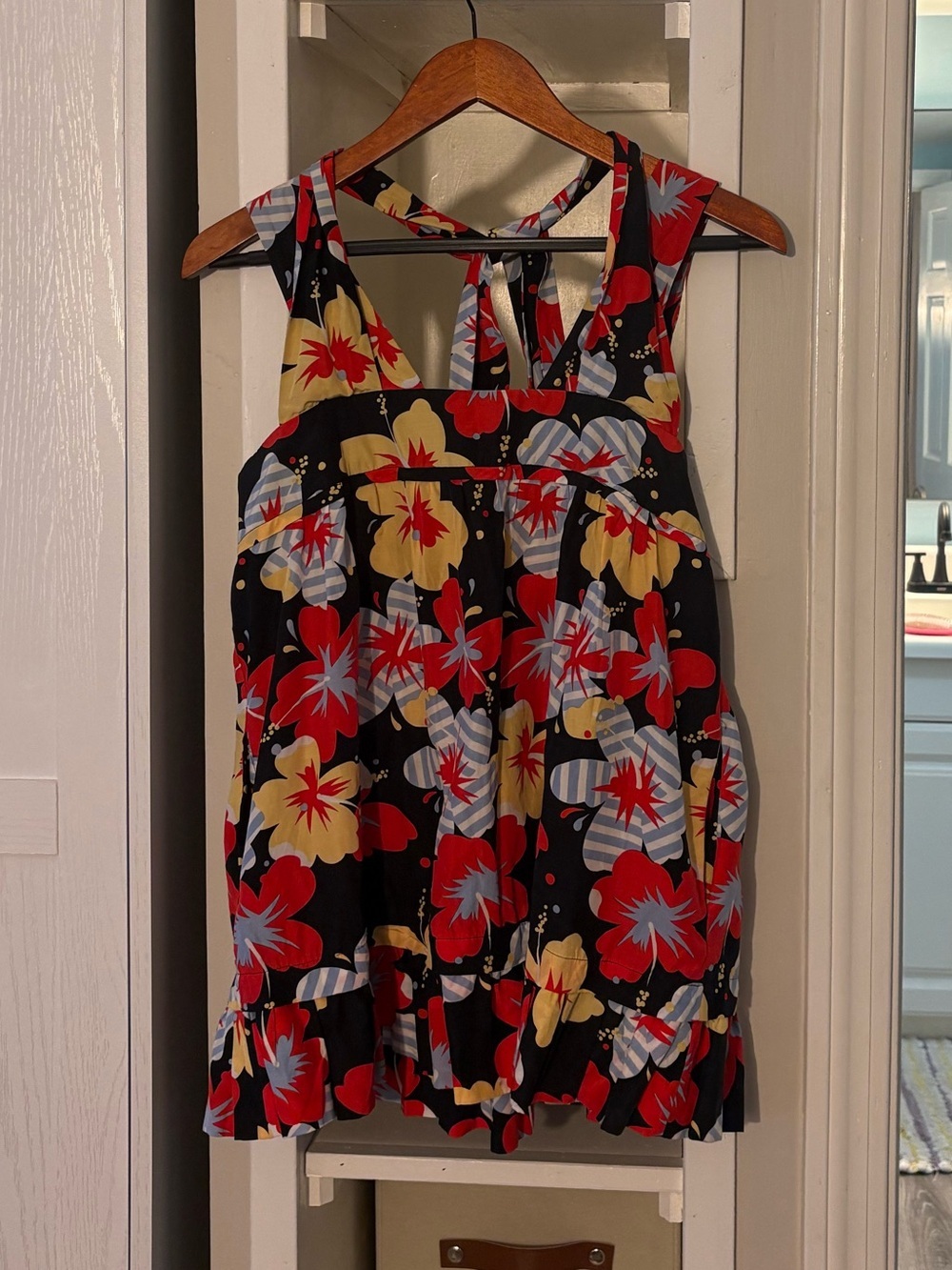 Floral Sleeveless Women’s Top - Black with Red & Yellow Flowers